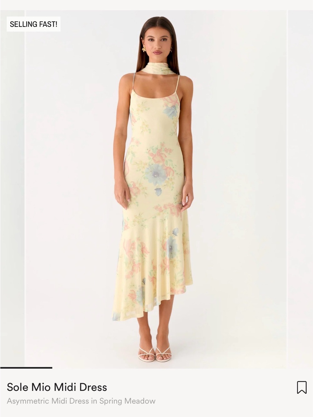 Solemio Pale Yellow Floral Slip Midi Dress with Scarf